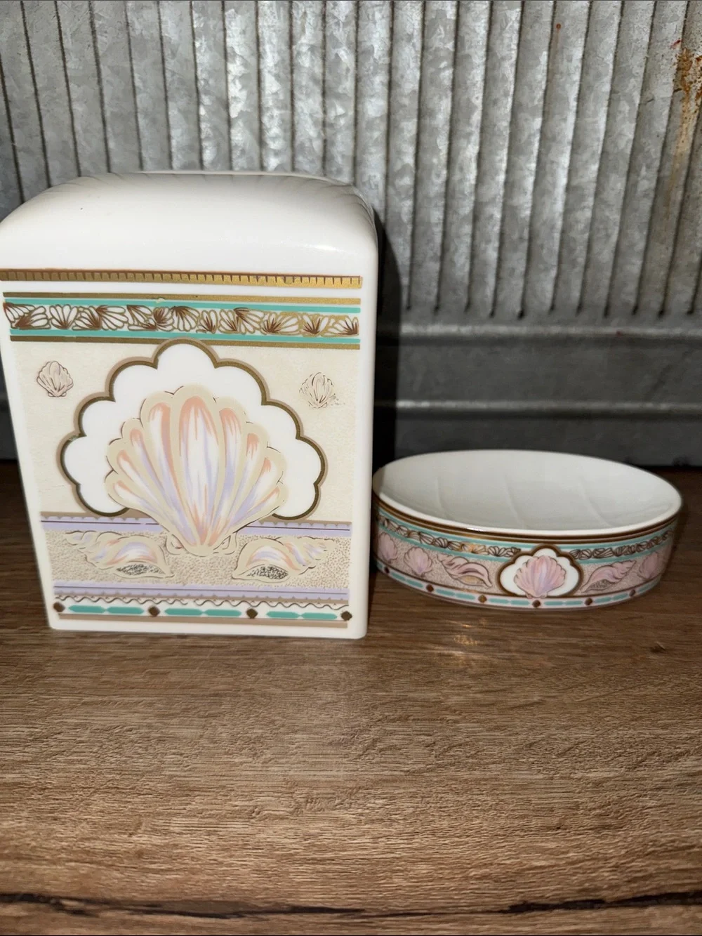 Vintage Coastal Shell Porcelain Soap Holder and Heavy Plastic Tissue Holder